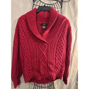 Eddie Bauer Womens Petite Red Cable Knit Shawl Collar Sweater